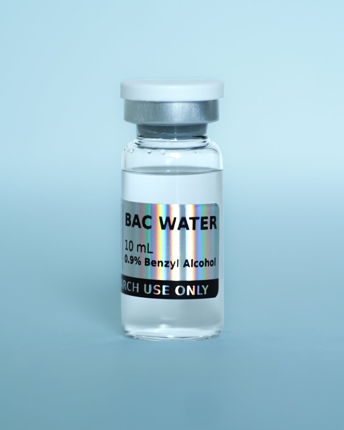 Bacteriostatic Water (BAC Water) — sealed vial, label detail