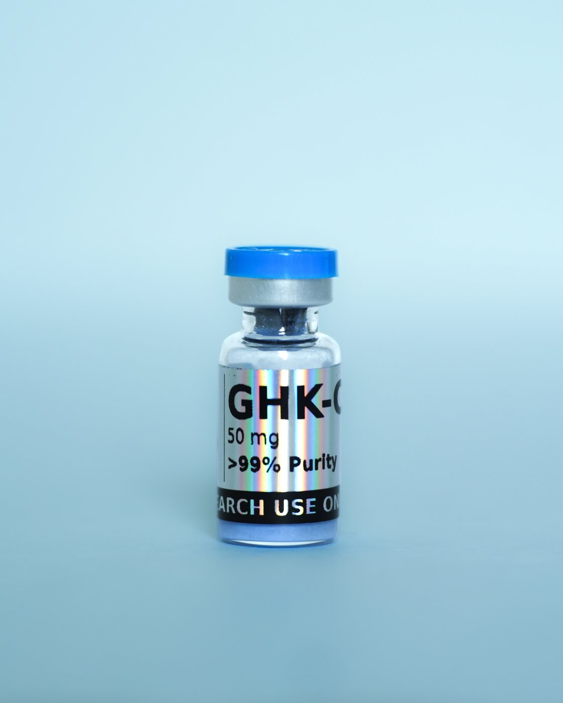 GHK-Cu Research Peptide — sealed vial, label detail
